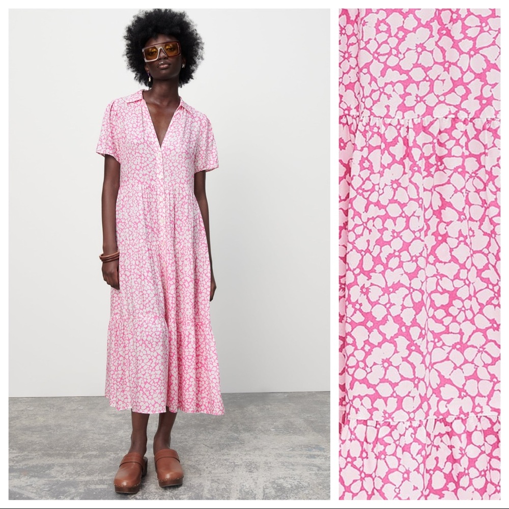 Zara Pink/White Viscose Floral Print Tiered Midi Dress. Size L.